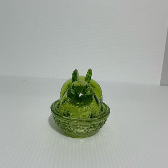Small Green Textured Glass Bunny on a Basket Candy Dish with Lid 2 Piece Set - Picture 2 of 6